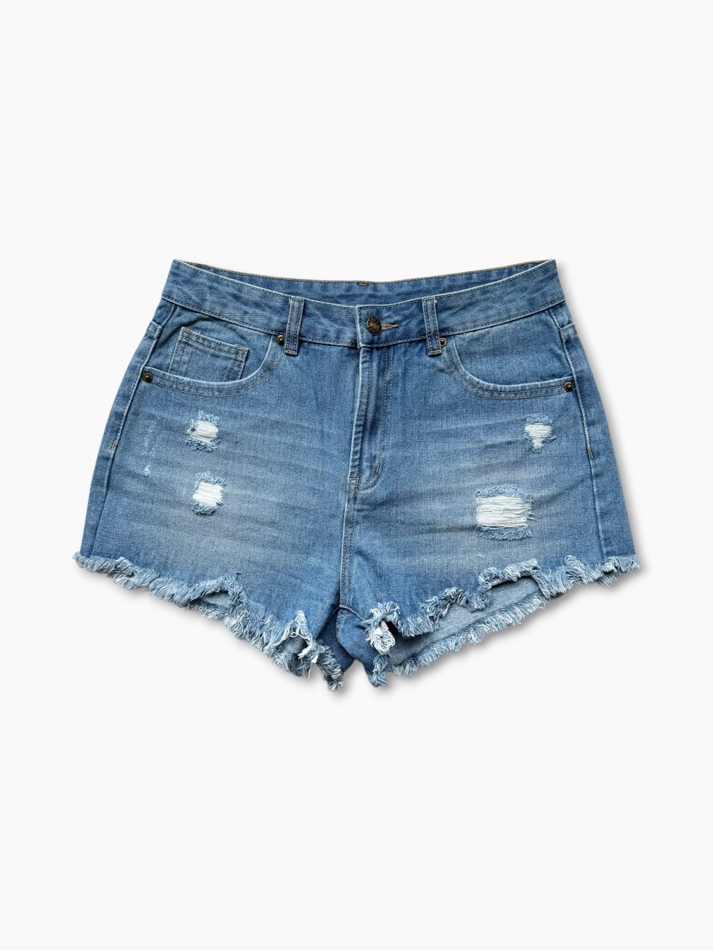 High Rise Distressed Denim Shorts Cutoff Frayed Hem Blue Wash S